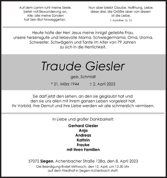 Traueranzeige von Traude Giesler von Siegener Zeitung