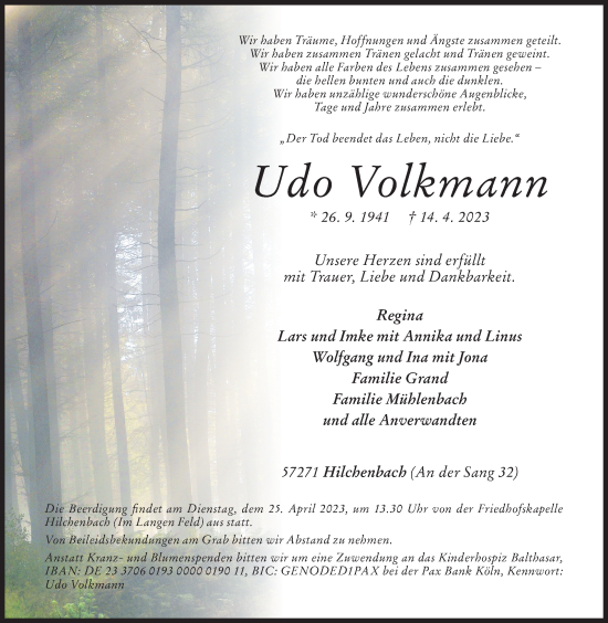 Traueranzeige von Udo Volkmann von Siegener Zeitung