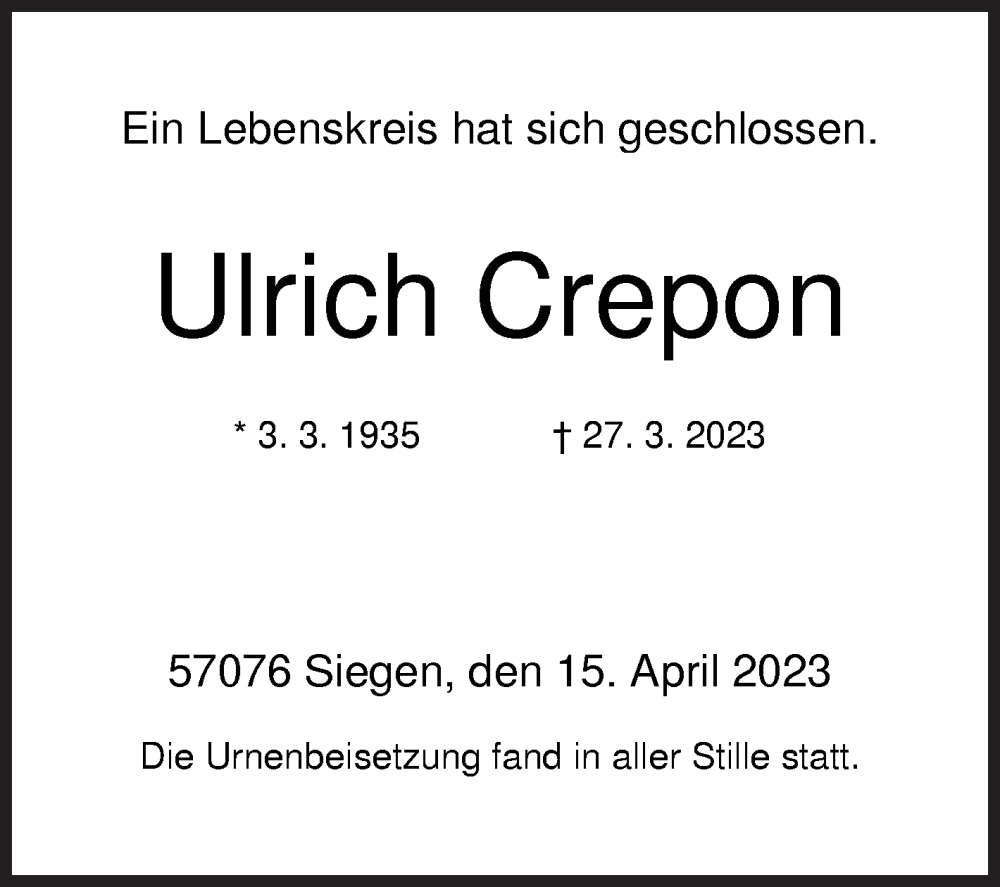  Traueranzeige für Ulrich Crepon vom 15.04.2023 aus Siegener Zeitung