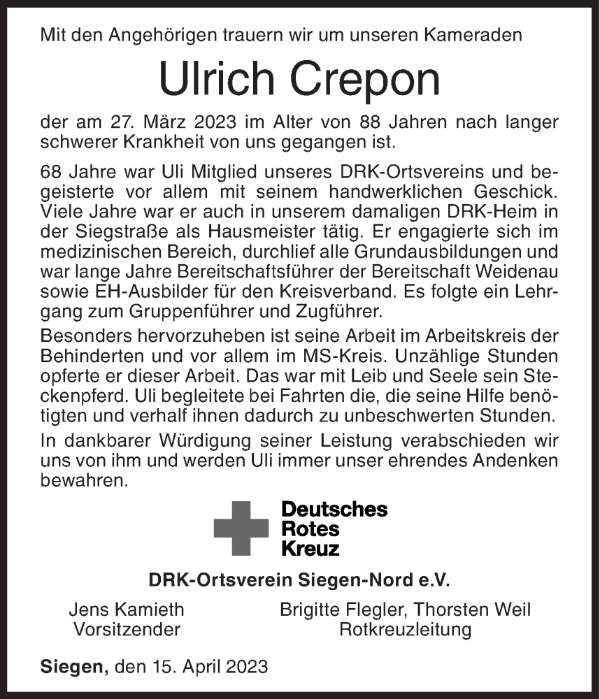  Traueranzeige für Ulrich Crepon vom 15.04.2023 aus Siegener Zeitung