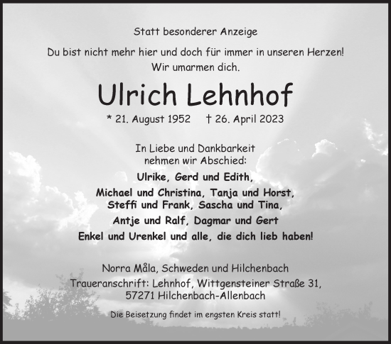 Traueranzeige von Ulrich Lehnhof von Siegener Zeitung