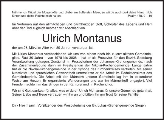 Traueranzeige von Ulrich Montanus von Siegener Zeitung