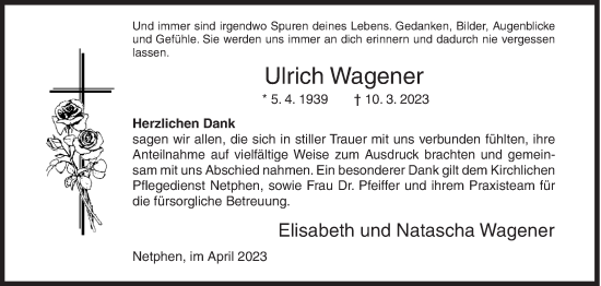 Traueranzeige von Ulrich Wagener von Siegener Zeitung