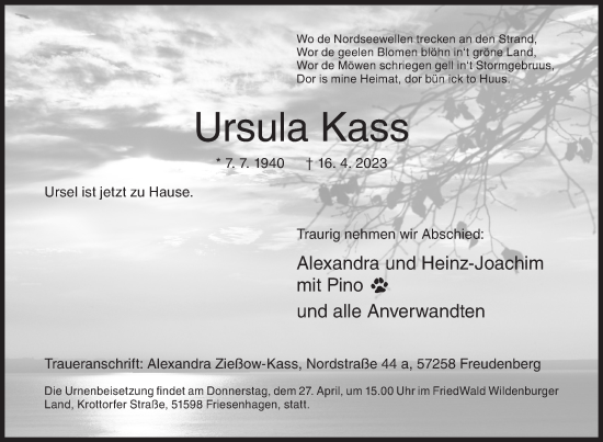 Traueranzeige von Ursula Kass von Siegener Zeitung