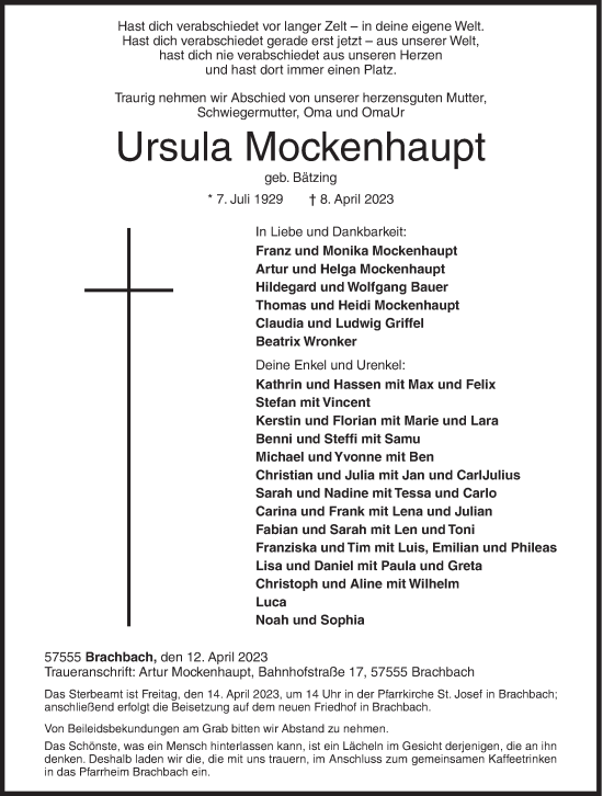 Traueranzeige von Ursula Mockenhaupt von Siegener Zeitung