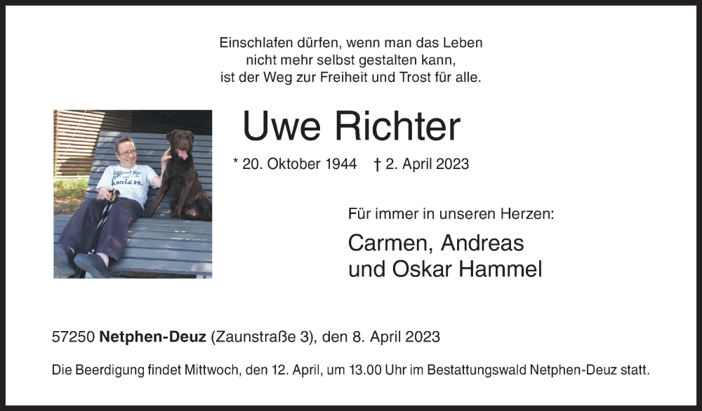  Traueranzeige für Uwe Richter vom 08.04.2023 aus Siegener Zeitung