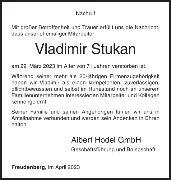 Traueranzeige von Vladimir Stukan von Siegener Zeitung