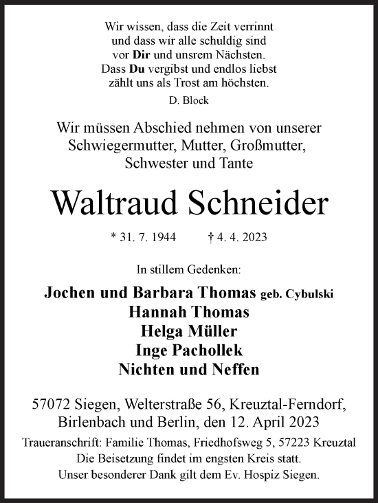 Traueranzeige von Waltraud Schneider von Siegener Zeitung