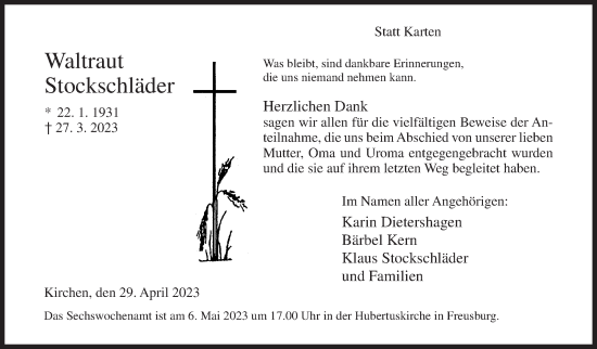 Traueranzeige von Waltraut Stockschläder von Siegener Zeitung