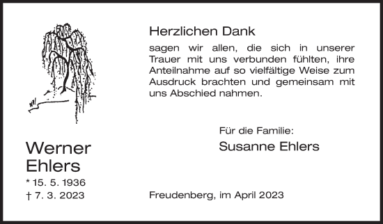 Traueranzeige von Werner Ehlers von Siegener Zeitung