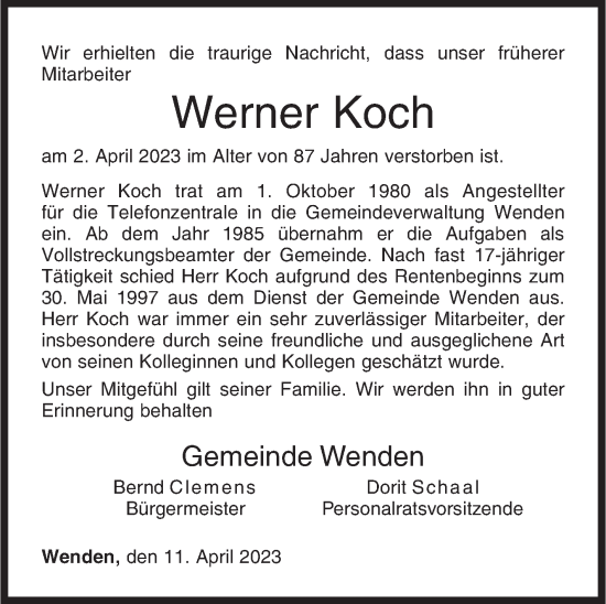 Traueranzeige von Werner Koch von Siegener Zeitung