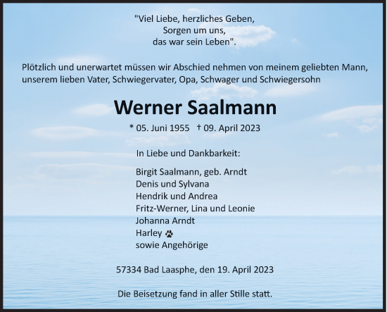 Traueranzeige von Werner Saalmann von Siegener Zeitung