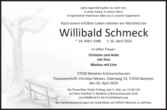 Traueranzeige von Willibald Schmeck von Siegener Zeitung