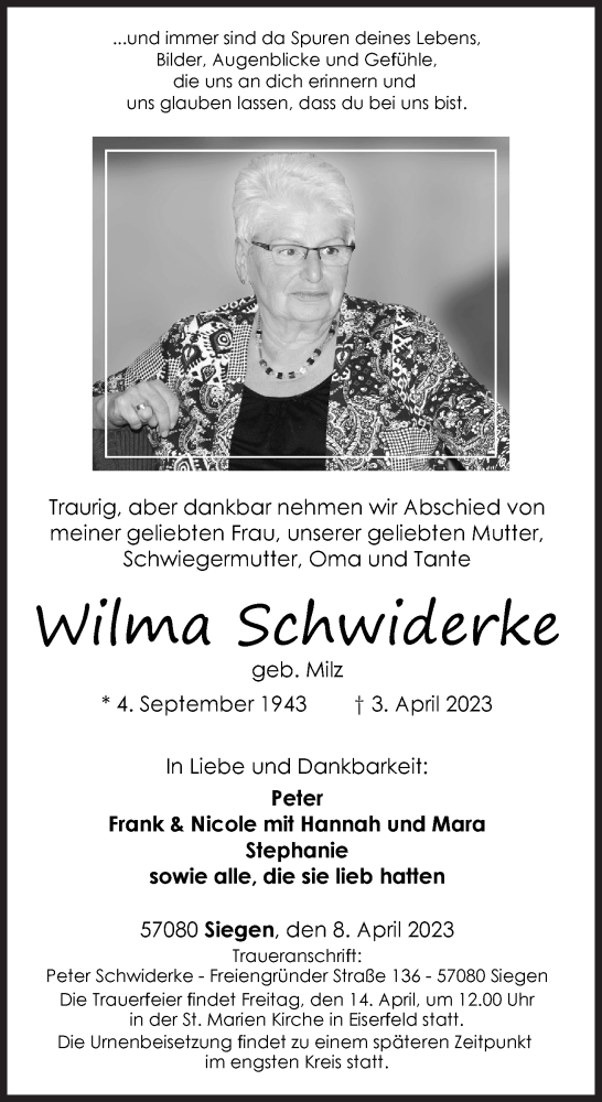 Traueranzeige von Wilma Schwiderke von Siegener Zeitung