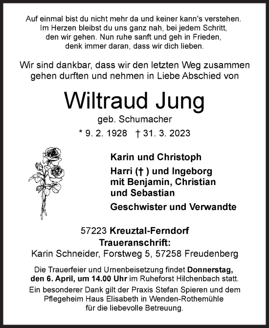 Traueranzeige von Wiltraud Jung von Siegener Zeitung