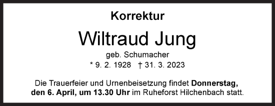 Traueranzeige von Wiltraud Jung von Siegener Zeitung