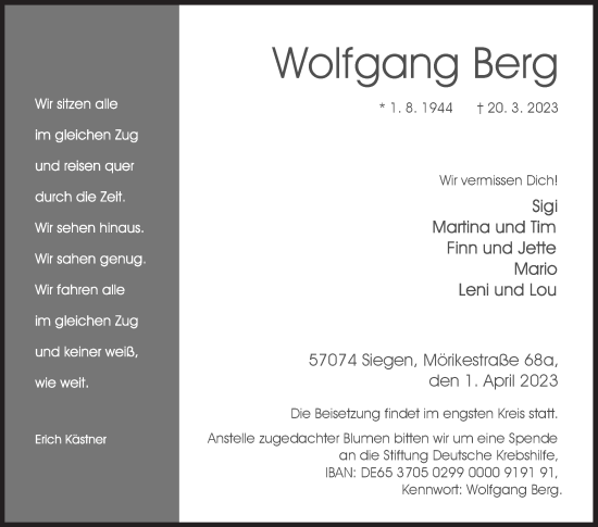 Traueranzeige von Wolfgang Berg von Siegener Zeitung