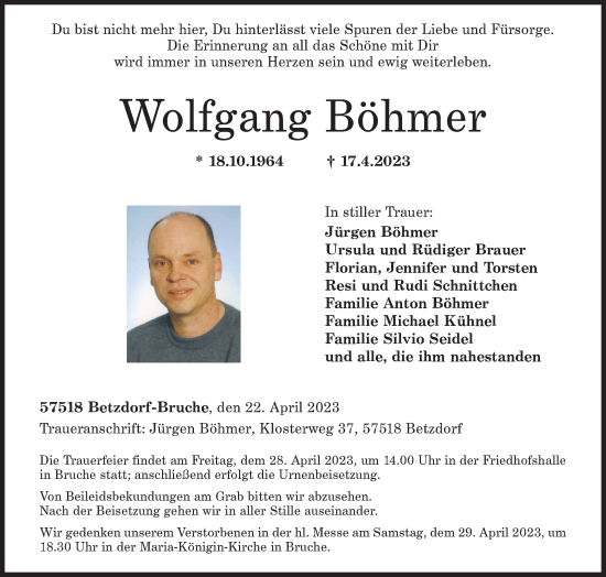 Traueranzeige von Wolfgang Böhmer von Siegener Zeitung