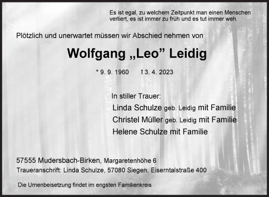 Traueranzeige von Wolfgang Leidig von Siegener Zeitung