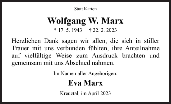 Traueranzeige von Wolfgang W. Marx von Siegener Zeitung