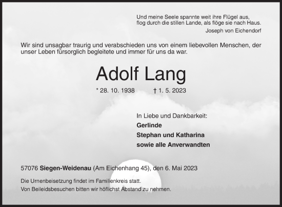 Traueranzeige von Adolf Lang von Siegener Zeitung