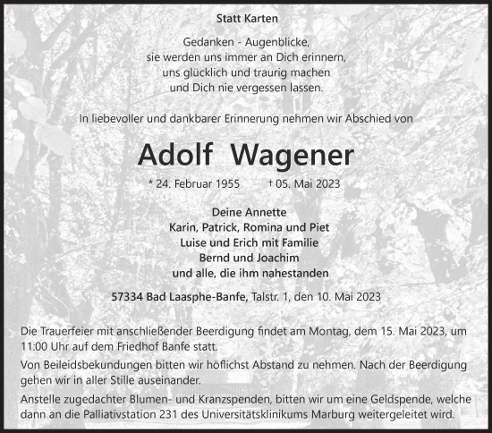Traueranzeige von Adolf Wagener von Siegener Zeitung