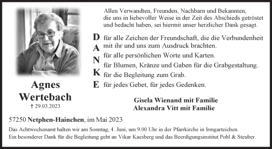 Traueranzeige von Agnes Wertebach von Siegener Zeitung
