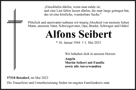 Traueranzeige von Alfons Seibert von Siegener Zeitung