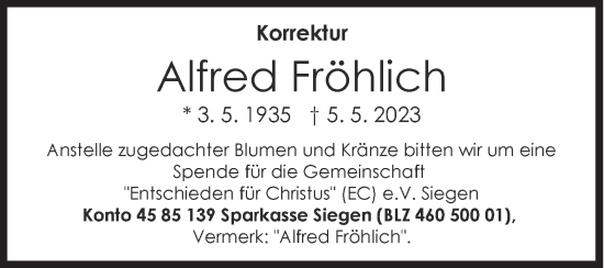 Traueranzeige von Alfred Fröhlich von Siegener Zeitung