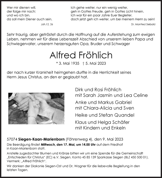 Traueranzeige von Alfred Fröhlich von Siegener Zeitung