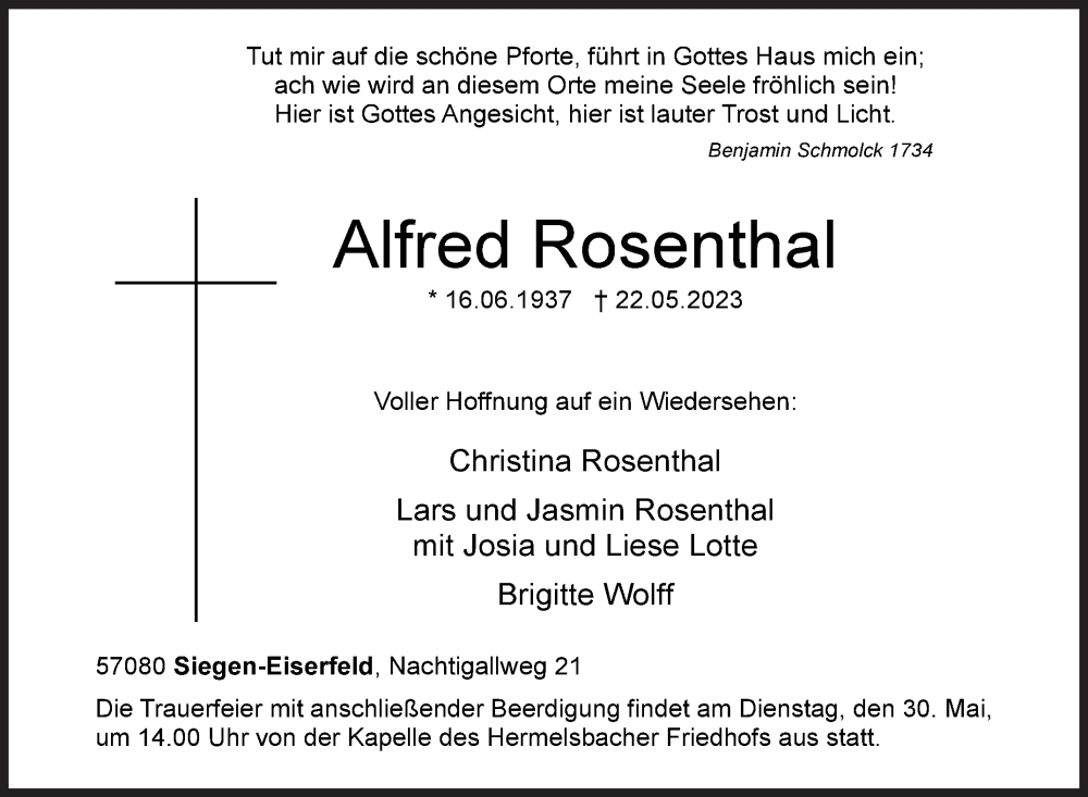  Traueranzeige für Alfred Rosenthal vom 25.05.2023 aus Siegener Zeitung