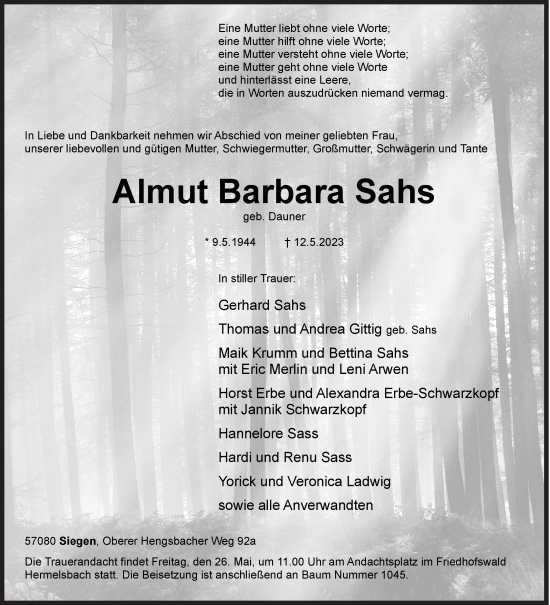 Traueranzeige von Almut Barbara Sahs von Siegener Zeitung