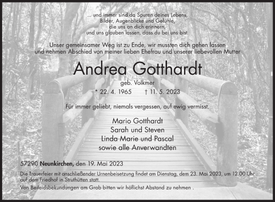 Traueranzeige von Andrea Gotthardt von Siegener Zeitung