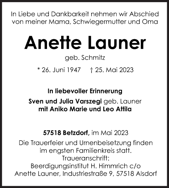Traueranzeige von Anette Launer von Siegener Zeitung