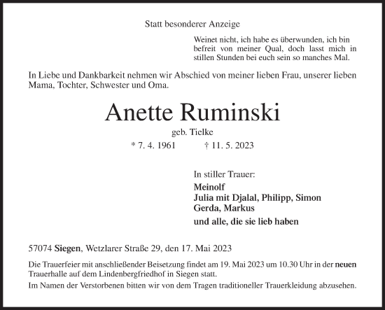 Traueranzeige von Anette Ruminski von Siegener Zeitung