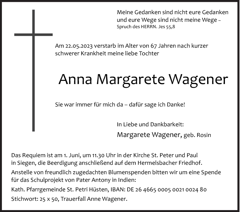  Traueranzeige für Anna Margarete Wagener vom 26.05.2023 aus Siegener Zeitung