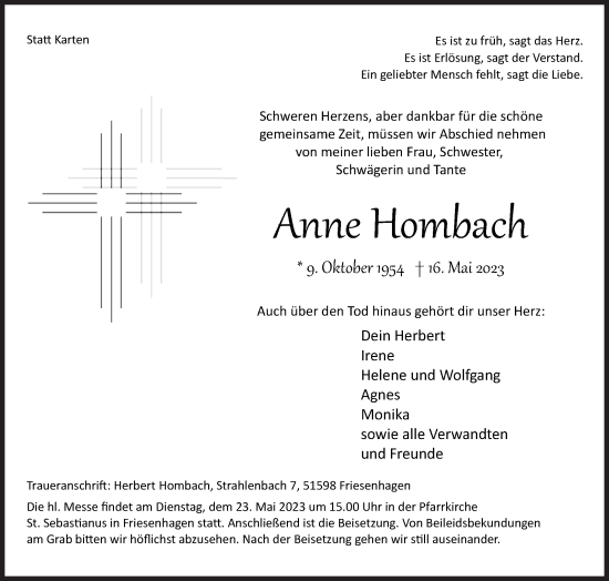 Traueranzeige von Anne Hombach von Siegener Zeitung