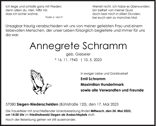 Traueranzeige von Annegrete Schramm von Siegener Zeitung