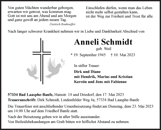 Traueranzeige von Anneli Schmidt von Siegener Zeitung