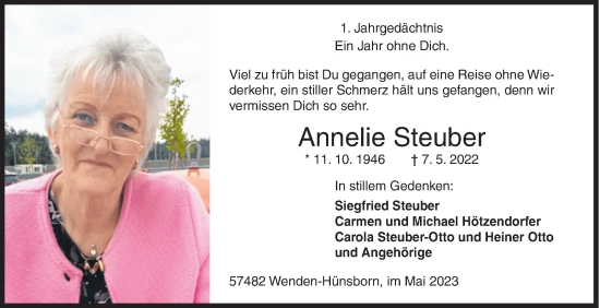 Traueranzeige von Annelie Steuber von Siegener Zeitung