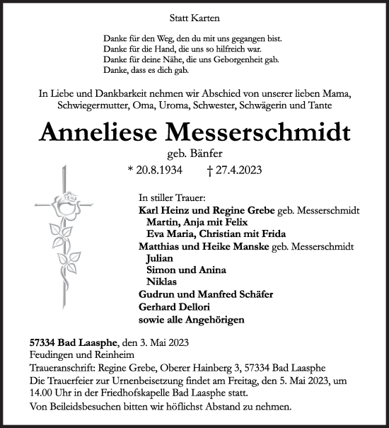 Traueranzeige von Anneliese Messerschmidt von Siegener Zeitung