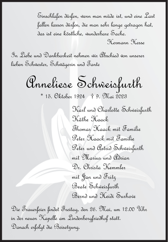 Traueranzeige von Anneliese Schweisfurth von Siegener Zeitung