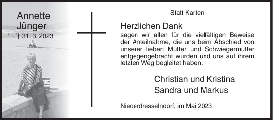 Traueranzeige von Annette Jünger von Siegener Zeitung
