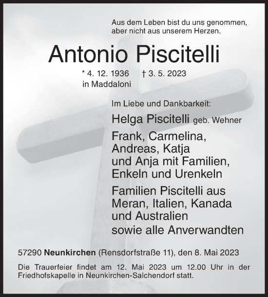 Traueranzeige von Antonio Piscitelli von Siegener Zeitung