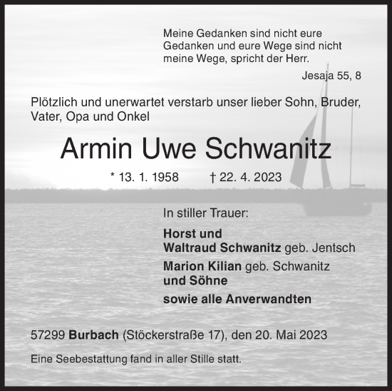 Traueranzeige von Armin Uwe Schwanitz von Siegener Zeitung