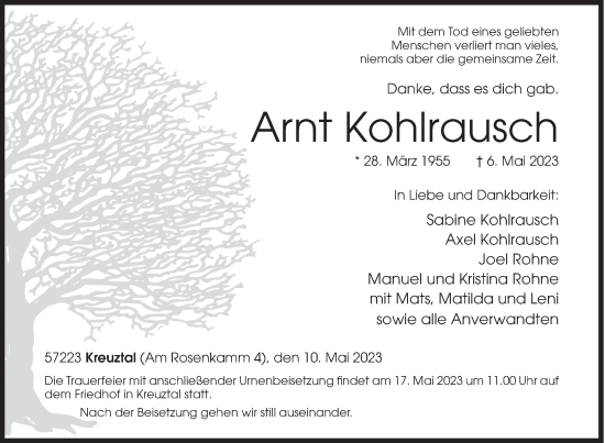 Traueranzeige von Arnt Kohlrausch von Siegener Zeitung