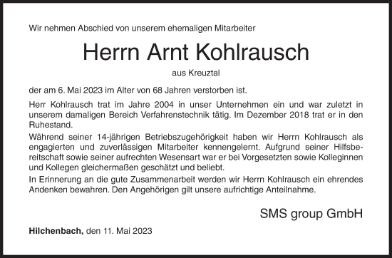 Traueranzeige von Arnt Kohlrausch von Siegener Zeitung