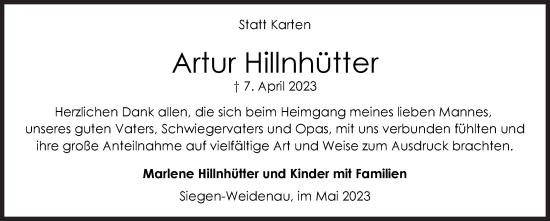 Traueranzeige von Artur Hillnhütter von Siegener Zeitung