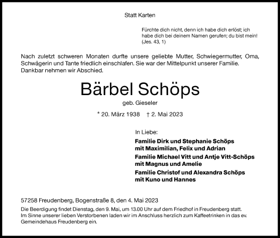 Traueranzeige von Bärbel Schöps von Siegener Zeitung