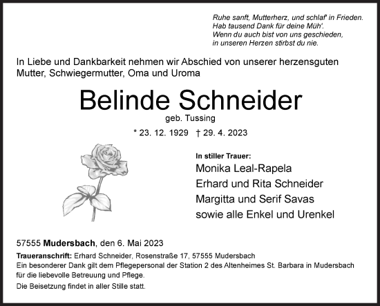 Traueranzeige von Belinde Schneider von Siegener Zeitung